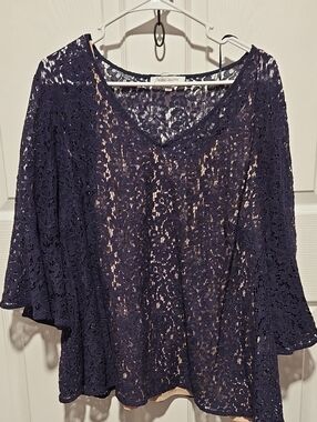 Rose & Olive Navy Floral Lace V-Neck Blouse
